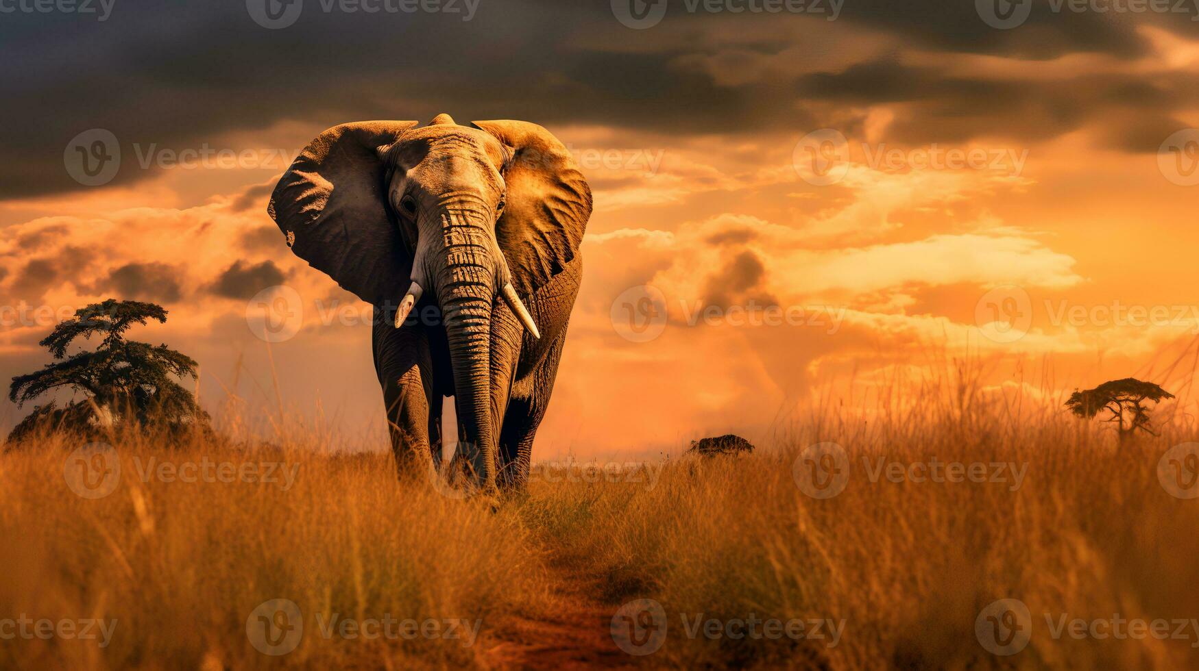 photo de l'éléphant sur savane à le coucher du soleil. génératif ai