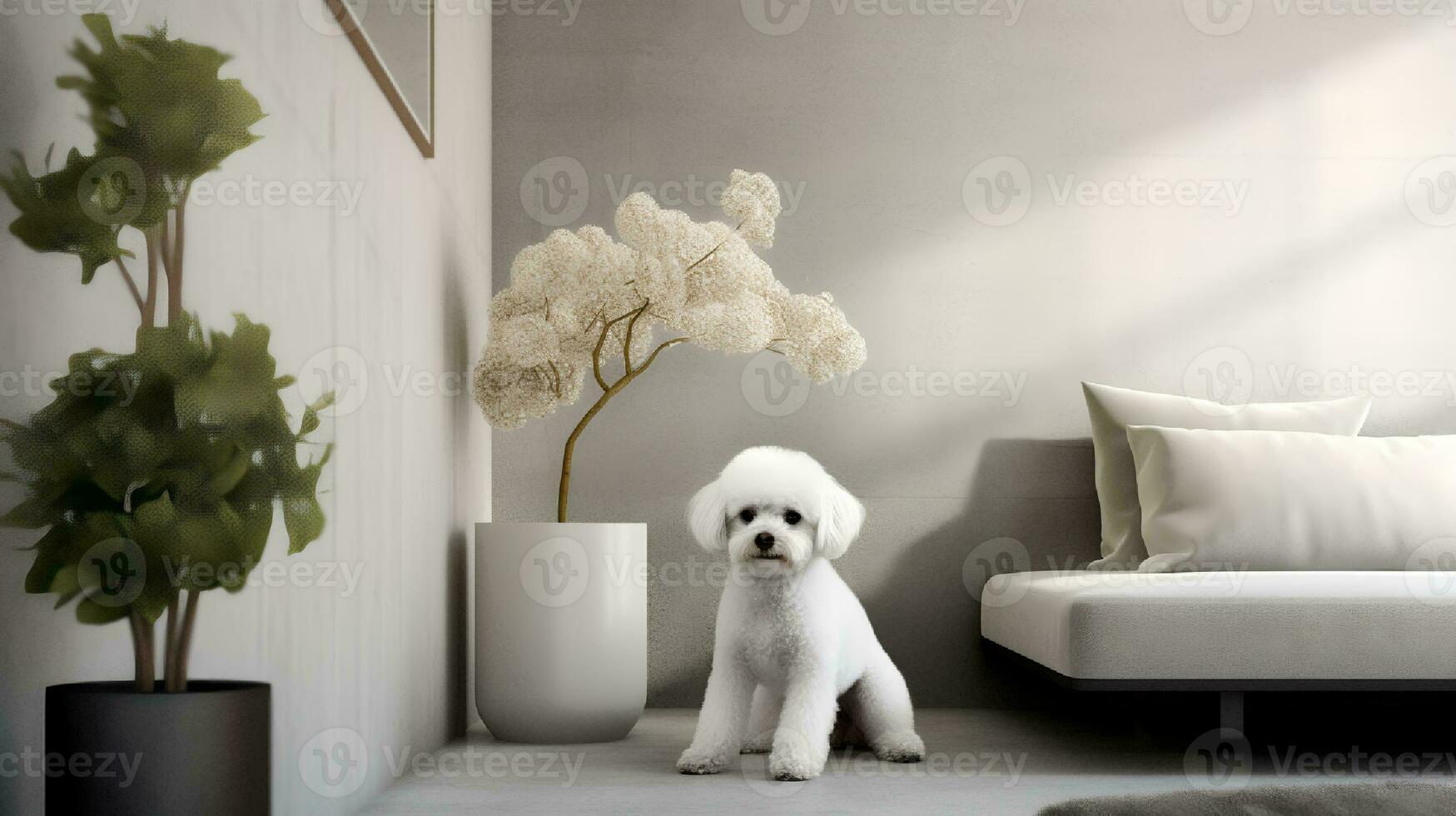 caniche chien permanent dans une minimaliste vivant pièce avec blanc tons. génératif ai photo
