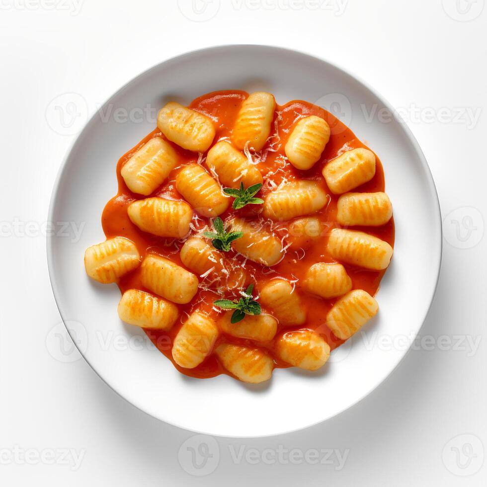 photo de Gnocchi avec sauce sur assiette isolé sur blanc Contexte. établi par génératif ai