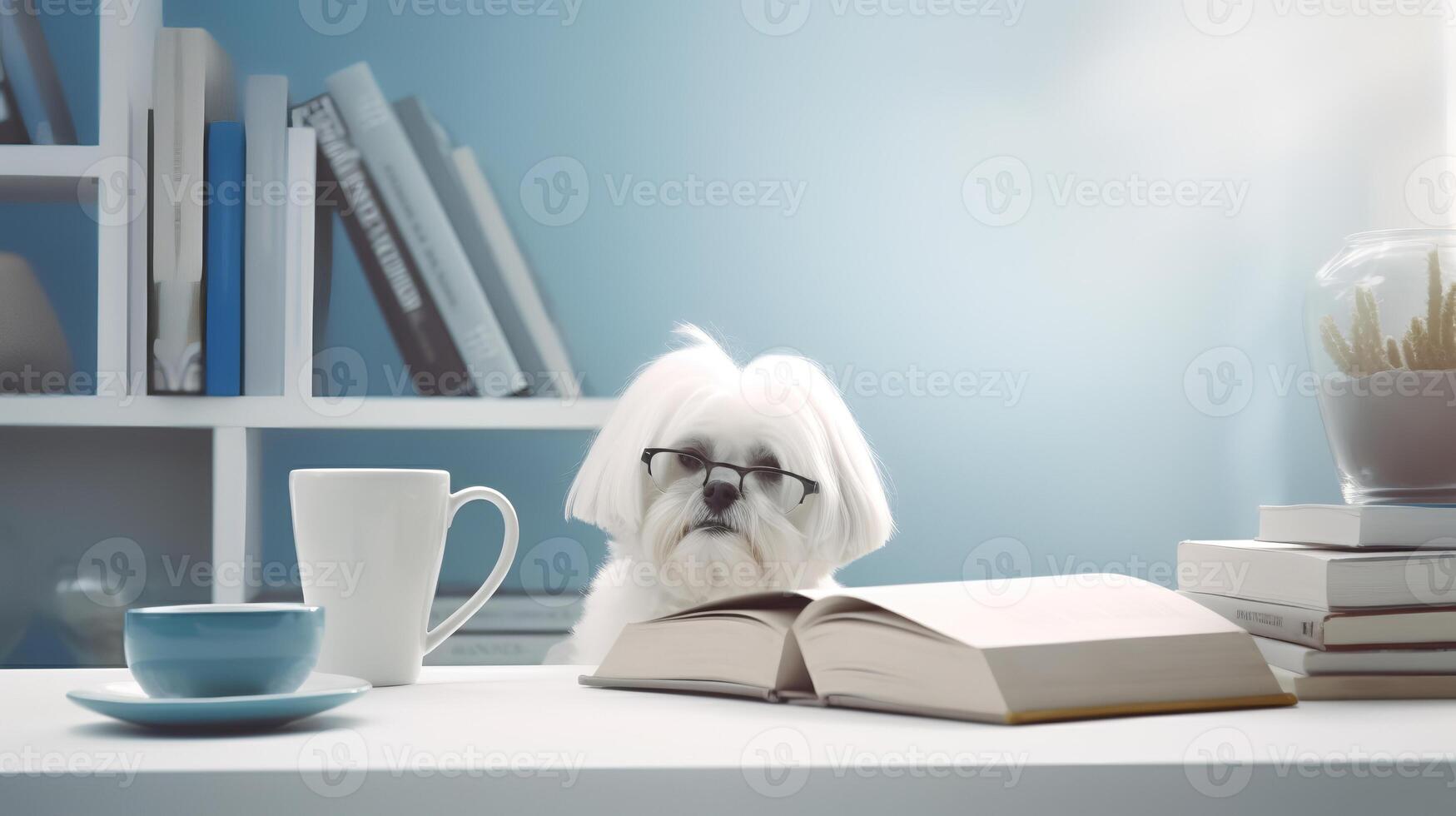 une maltais chien dans une chandail est assis en train d'étudier accompagné par une tasse et piles de livres. génératif ai photo