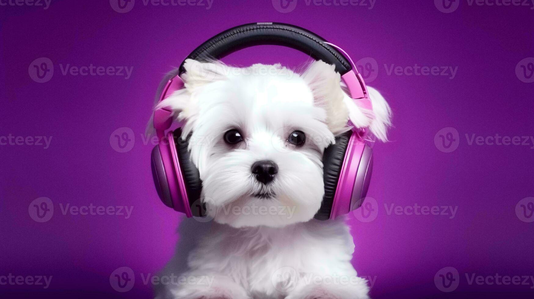 photo de maltais en utilisant casque de musique sur violet Contexte