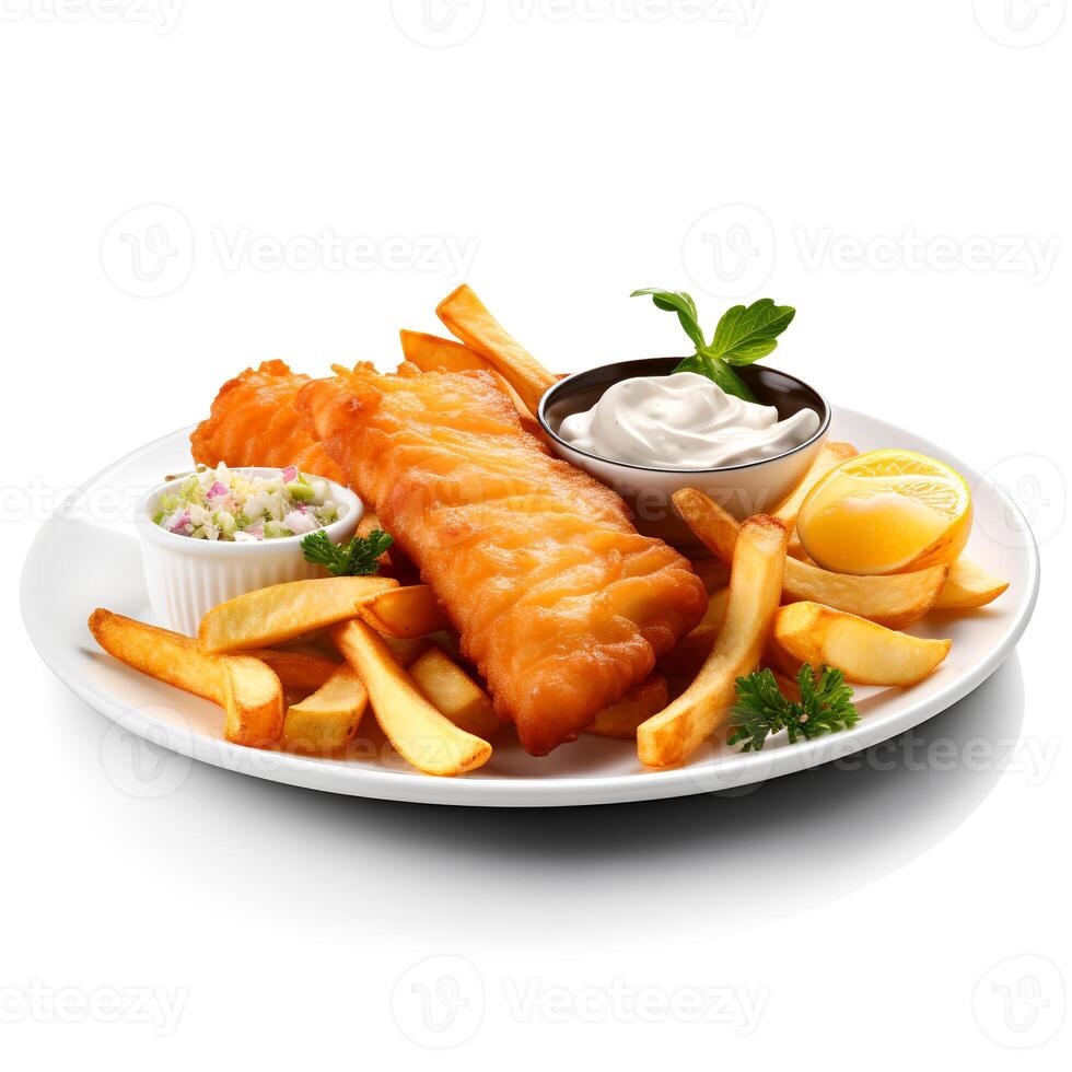 photo de poisson et frites sur assiette isolé sur blanc Contexte. établi par génératif ai