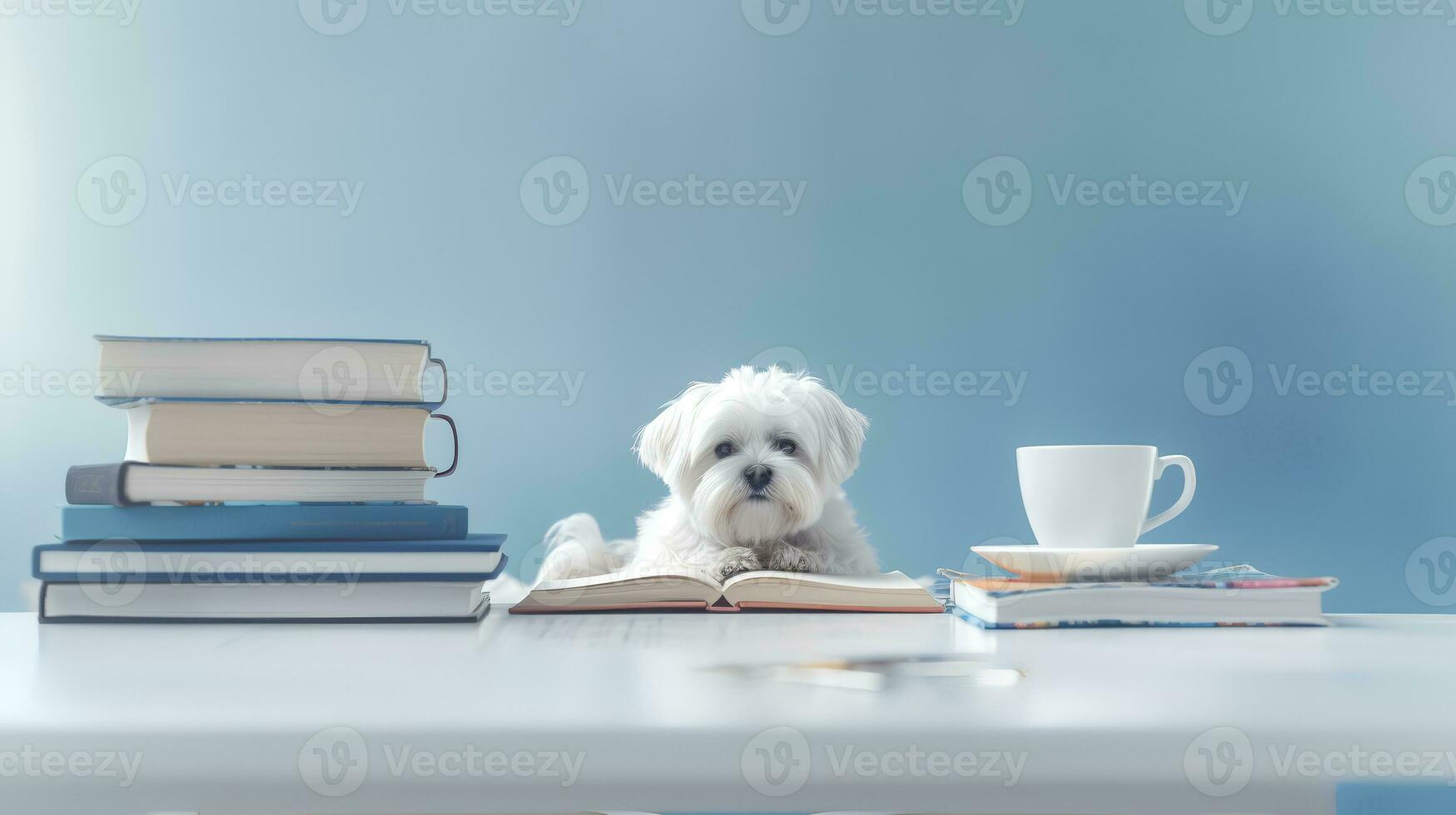 une maltais chien dans une chandail est assis en train d'étudier accompagné par une tasse et piles de livres. génératif ai photo