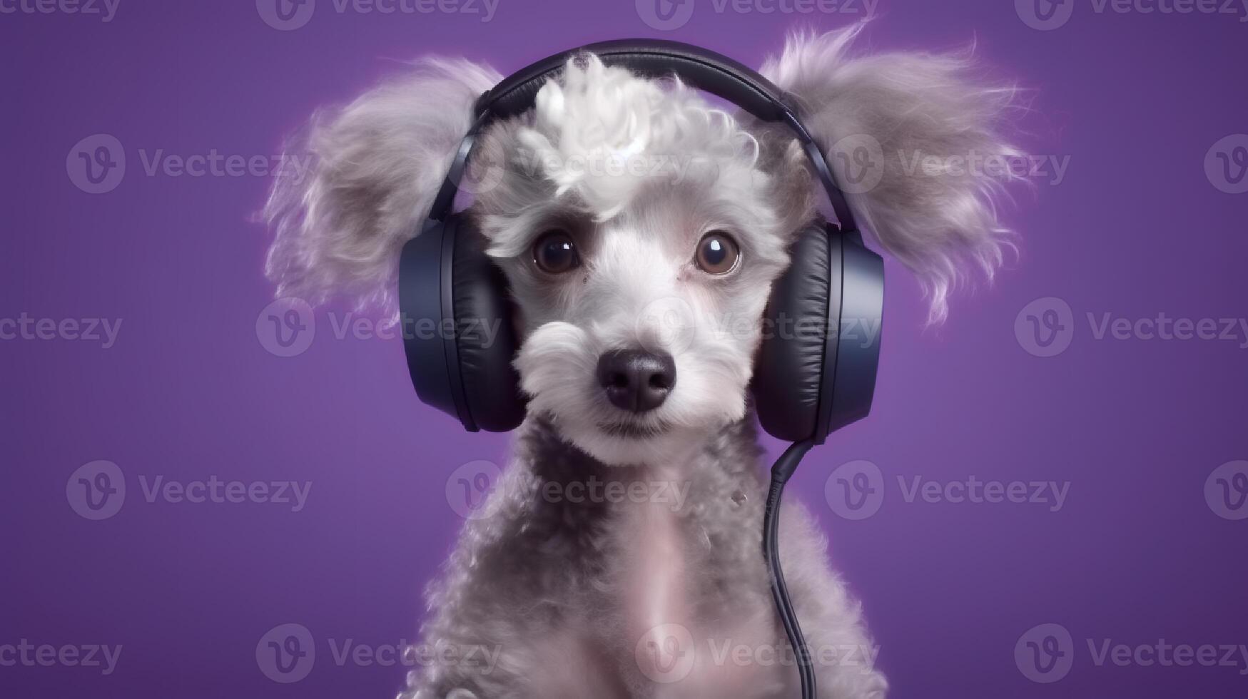 photo de caniche chien en utilisant casque de musique sur violet Contexte. génératif ai