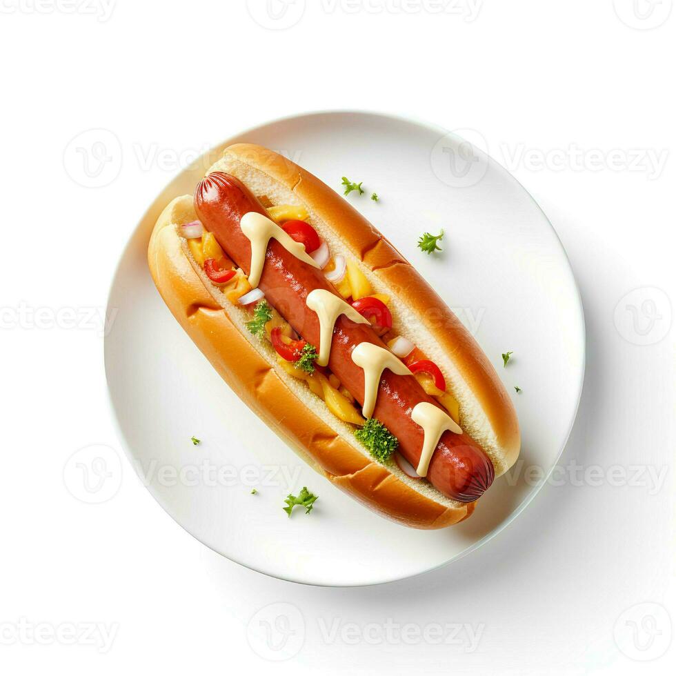 photo de chaud chien sur assiette isolé sur blanc Contexte. établi par génératif ai