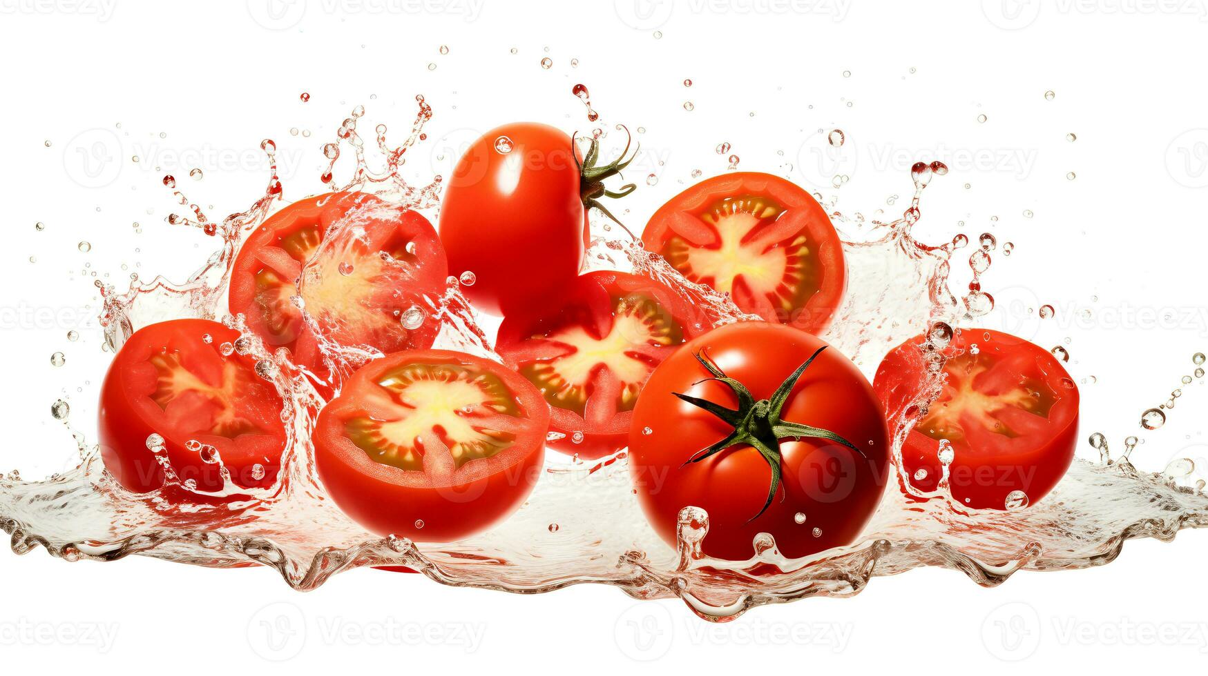 photo de tomates avec éclaboussure l'eau isolé sur blanc Contexte