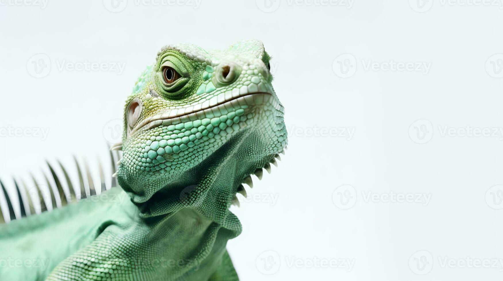 photo de une vert iguane sur blanc Contexte. génératif ai