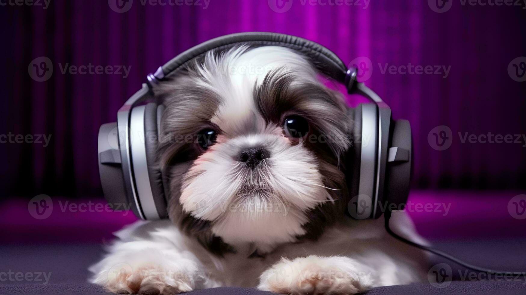 photo de shih tzu en utilisant casque de musique sur violet Contexte. génératif ai