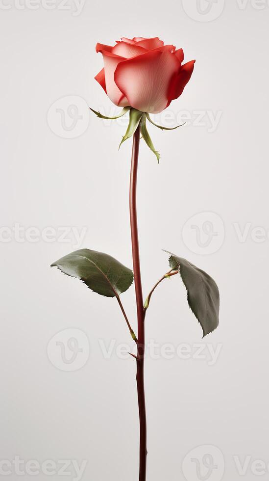 photo de un tige de Rose fleur isolé sur blanc Contexte. génératif ai