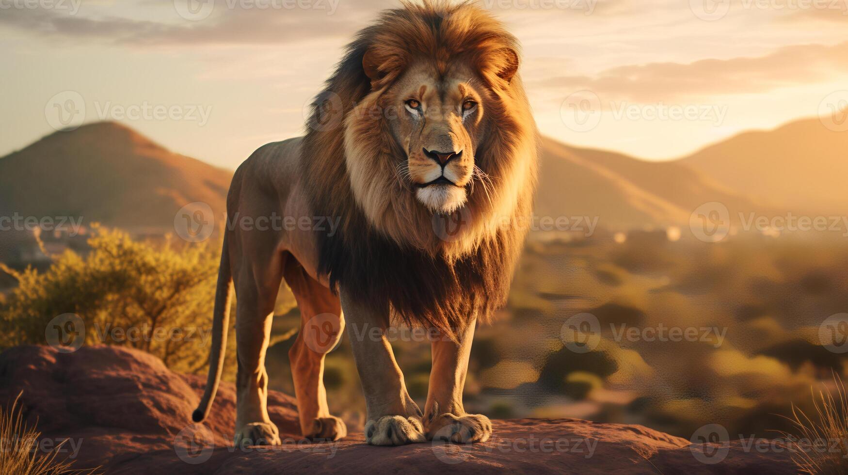 photo de Lion sur savane à le coucher du soleil. génératif ai