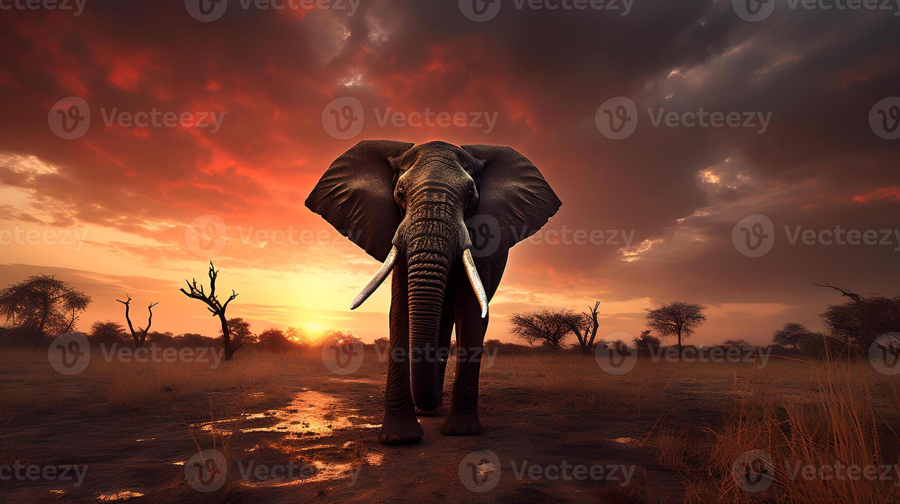 photo de africain l'éléphant sur savane à le coucher du soleil. génératif ai