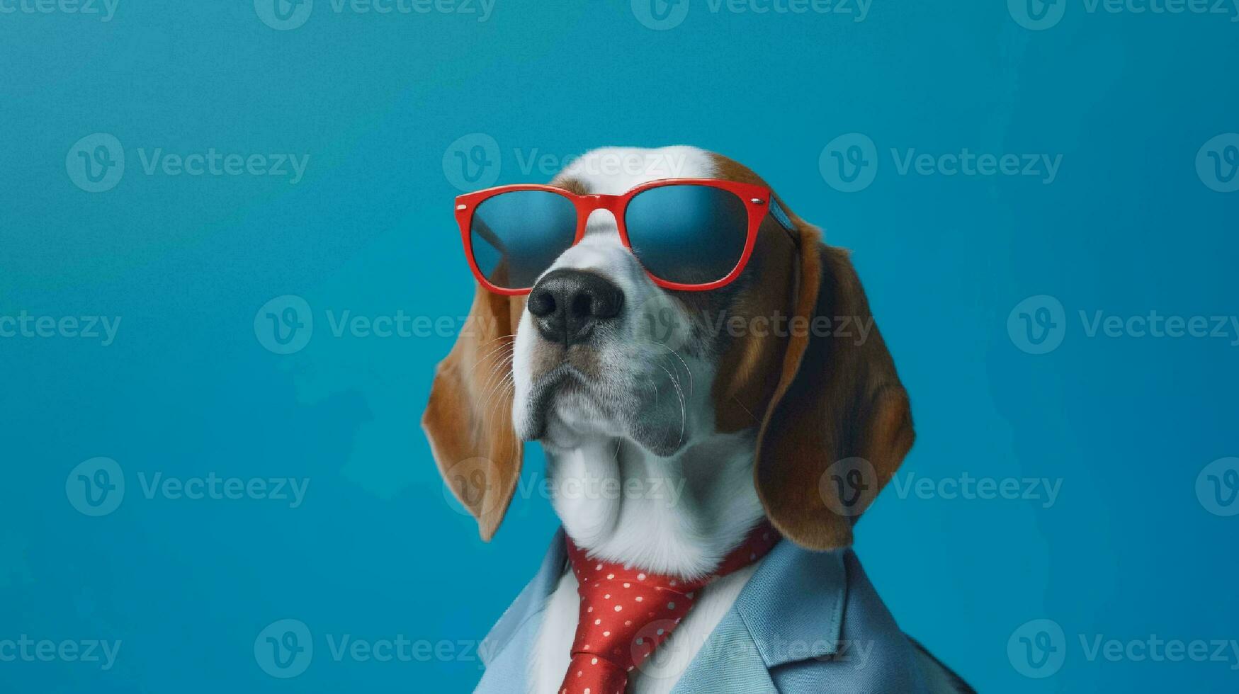 photo de hautain beagle en utilisant des lunettes de soleil et Bureau costume sur blanc Contexte. génératif ai