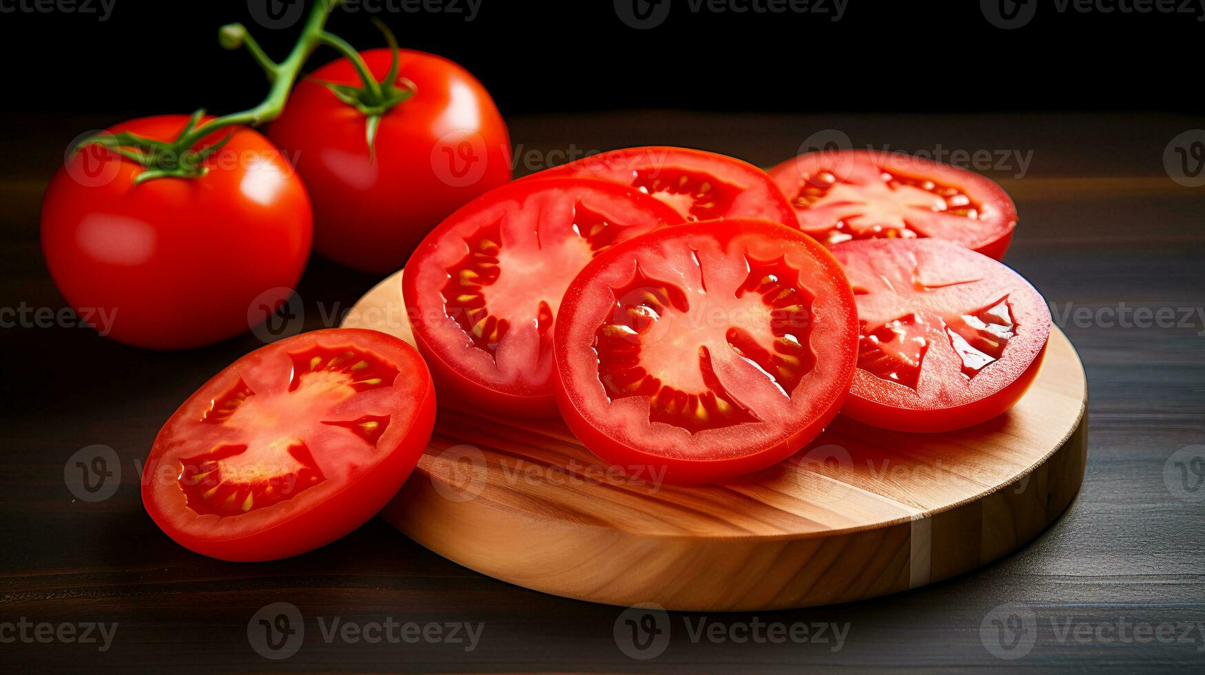 photo de tomates et tranche de tomates sur en bois assiette isolé sur noir Contexte