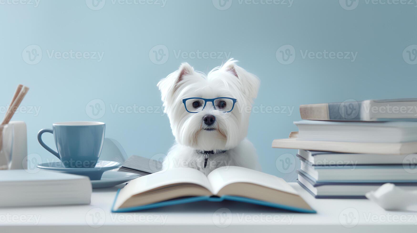 une maltais chien dans une chandail est assis en train d'étudier accompagné par une tasse et piles de livres. génératif ai photo