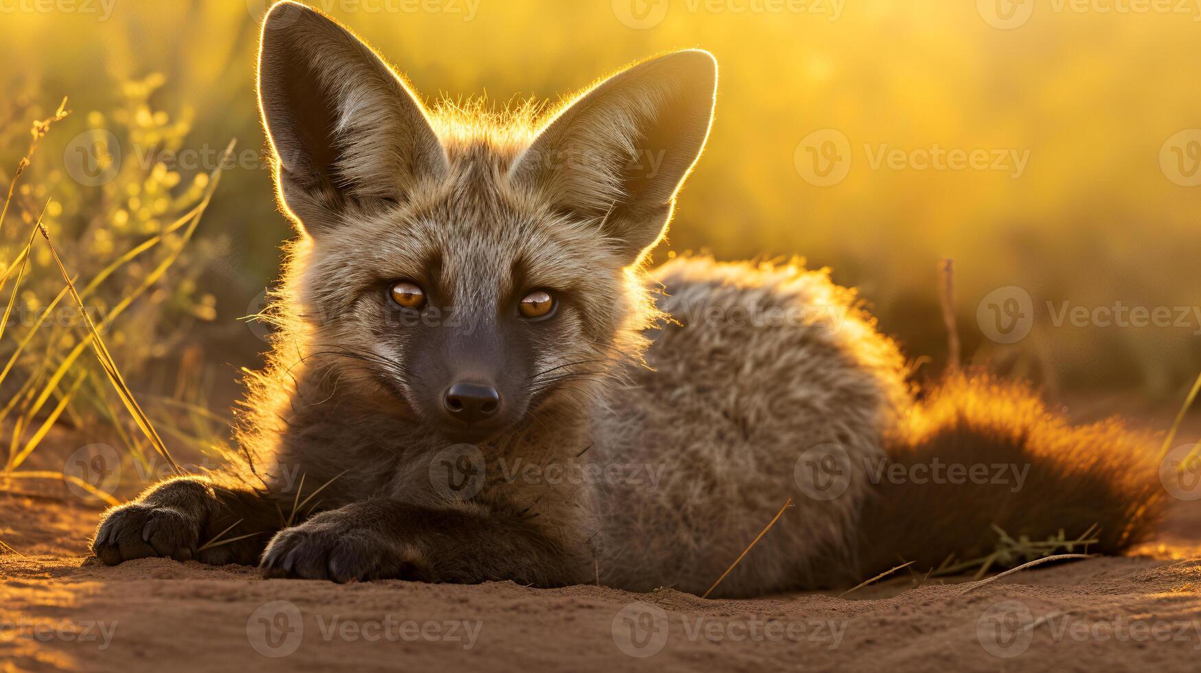 photo de chauve souris oreille Renard sur savane à le coucher du soleil. génératif ai