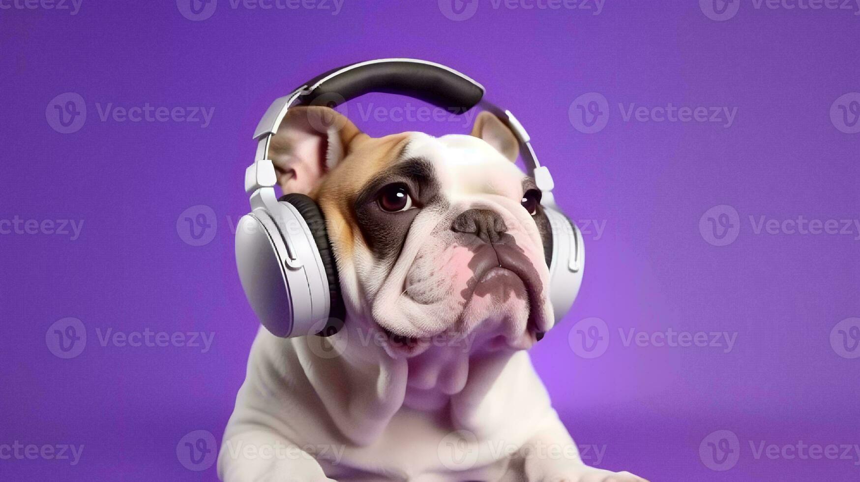 photo de bouledogue en utilisant casque de musique sur violet Contexte. génératif ai