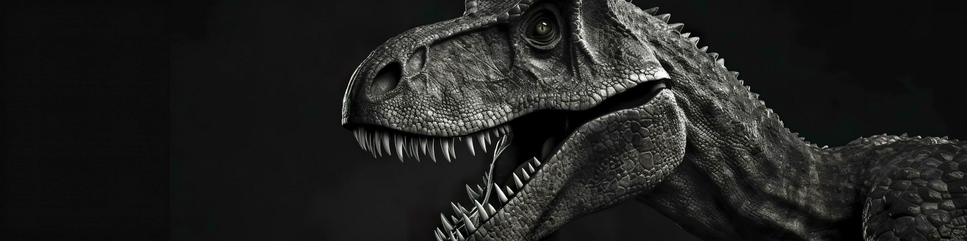 noir et blanc photoréaliste studio portrait de une tyrannosaure Rex sur noir Contexte. génératif ai photo