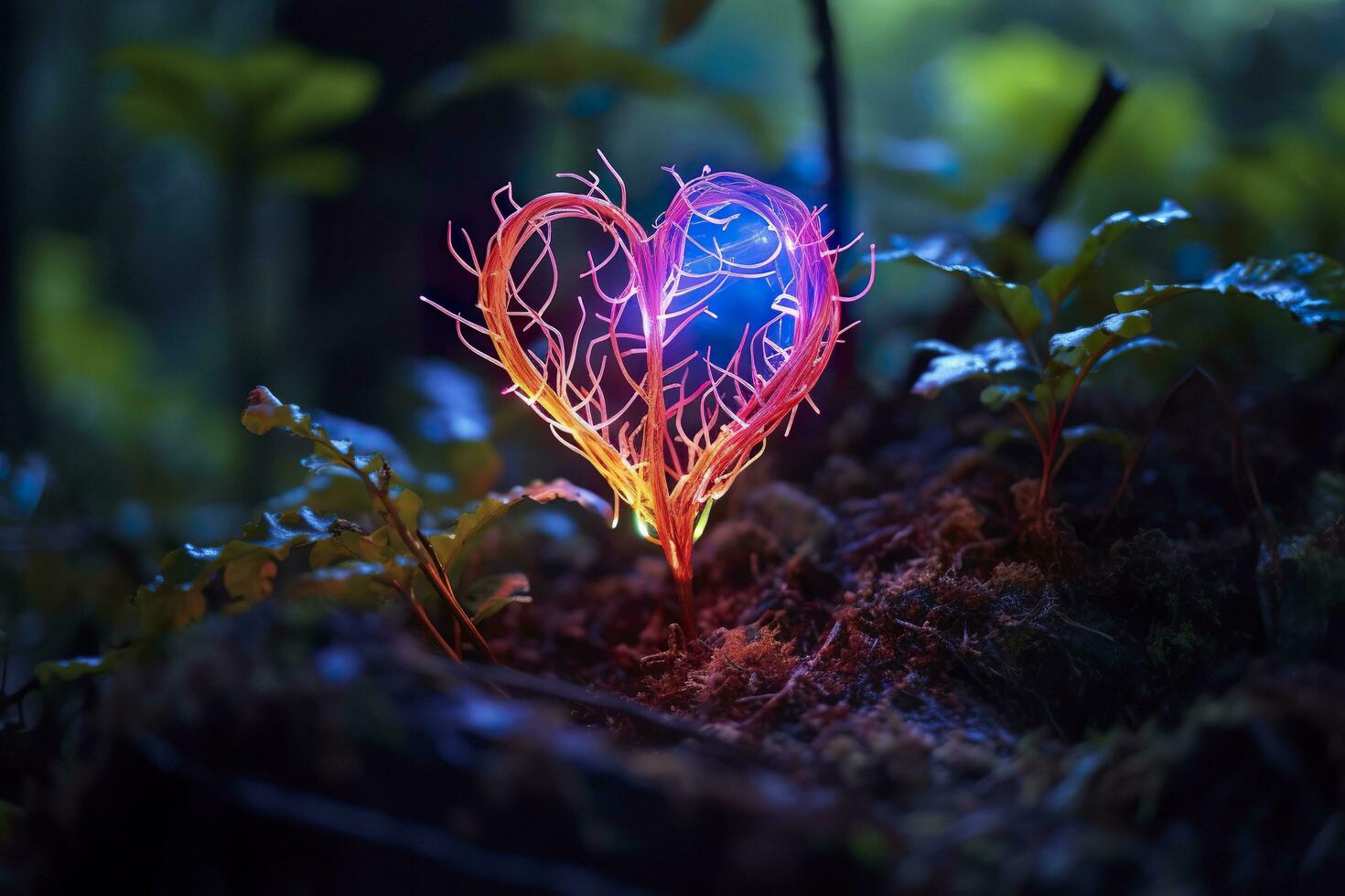 embrasé bioluminescent plante en forme de comme une Humain cœur, dans une mystérieux forêt. génératif ai photo