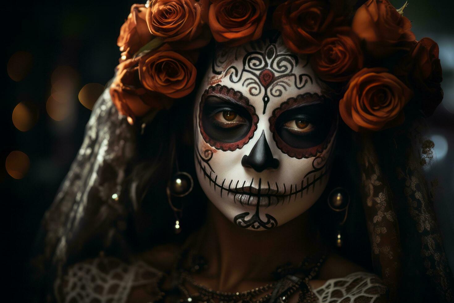 une mexicain femme avec sucre crâne maquillage et fleurs photo