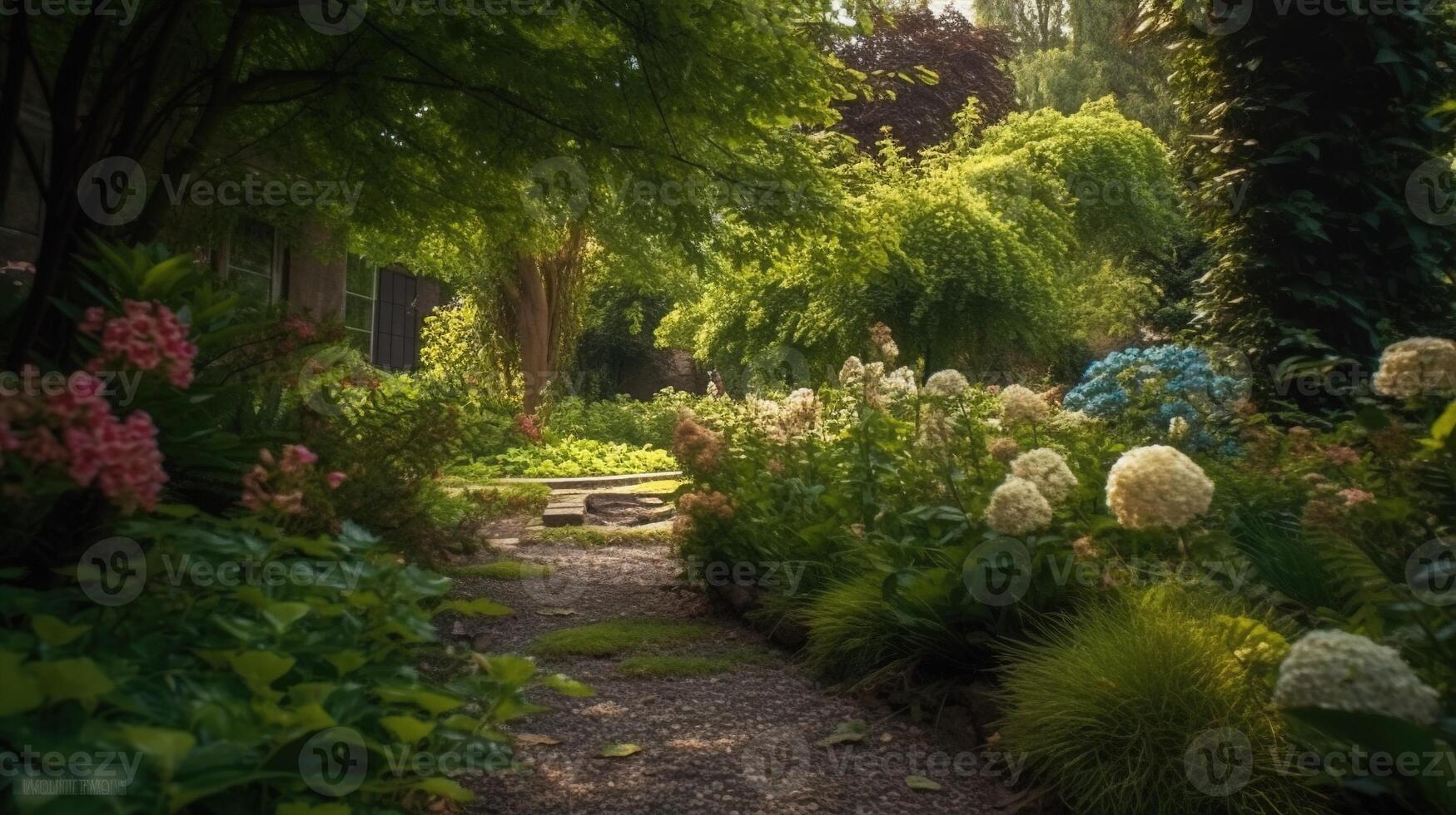 génératif ai, magnifique été privé jardin avec beaucoup fleurs et végétaux, la nature paysage, Anglais campagne chalet style photo