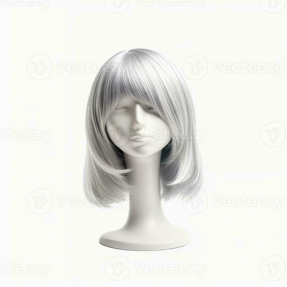 cheveux perruque plus de le Plastique mannequin tête isolé plus de le blanc arrière-plan, maquette avec contemporain aux femmes coiffures, génératif ai illustration photo