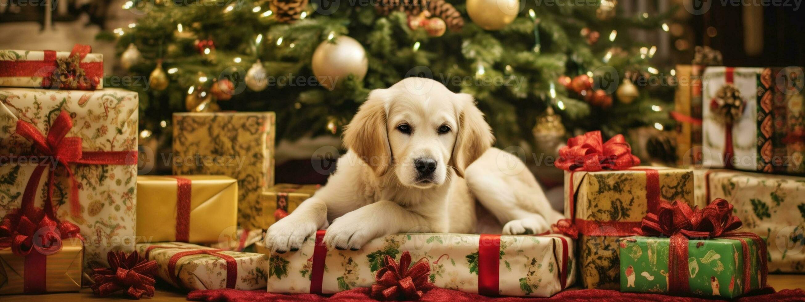 de bonne humeur chiot Labrador est assis contre Noël Contexte. le chien Labrador est attendre pour une de fête fête à maison. bannière. génératif ai photo