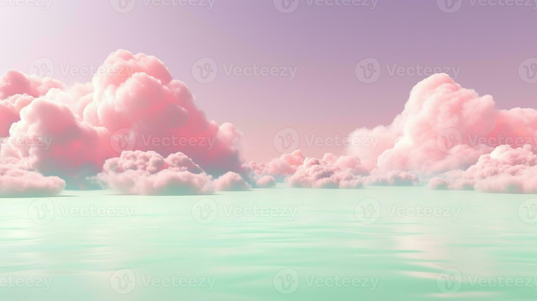 génératif ai, rose et vert fantastique 3d des nuages sur le sol, ciel et paysage. doux couleurs et avec brillant lumières. photo