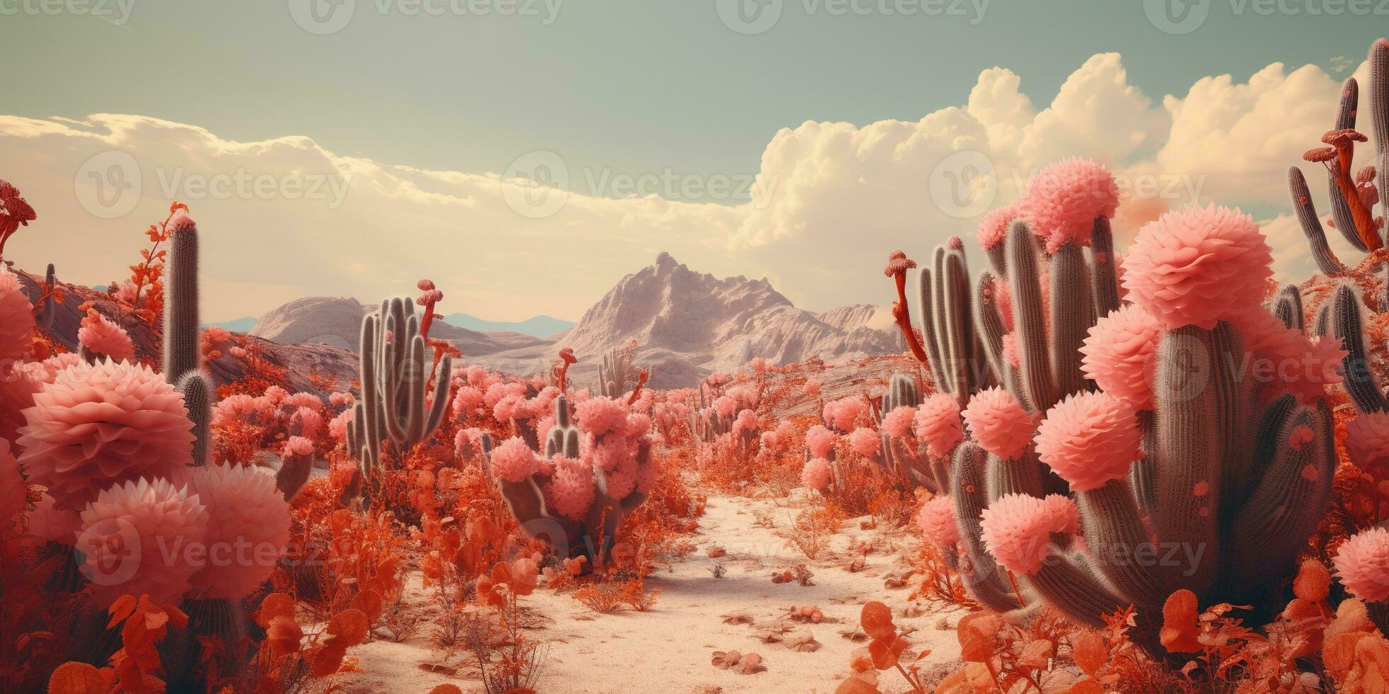 génératif ai, psychédélique et surréaliste paysage avec cactus dans le désert. paysage de le sauvage Ouest photo