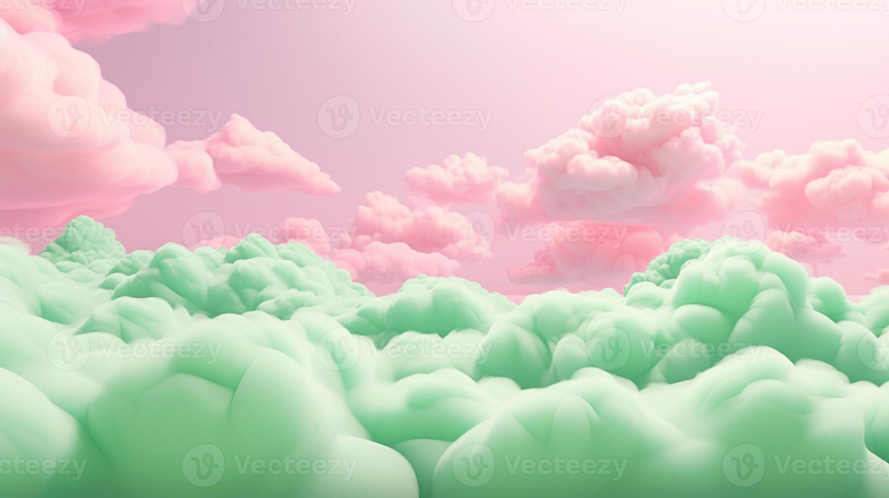 génératif ai, rose et vert fantastique 3d des nuages sur le sol, ciel et paysage. doux couleurs et avec brillant lumières. photo