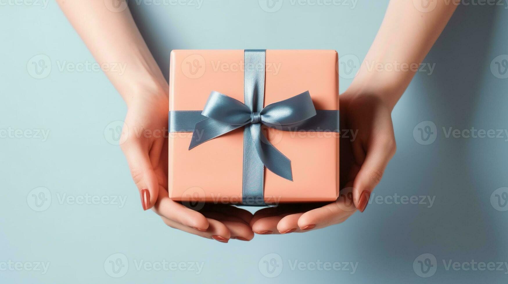 génératif ai, femelle mains avec Naturel manucure en portant cadeau boîte, beige et bleu couleurs Contexte. photo