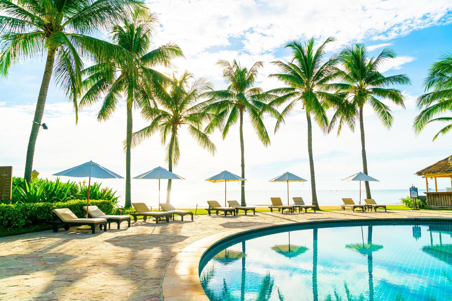 beau parasol et chaise de luxe autour de la piscine extérieure de l'hôtel et du complexe avec cocotier sur ciel bleu photo