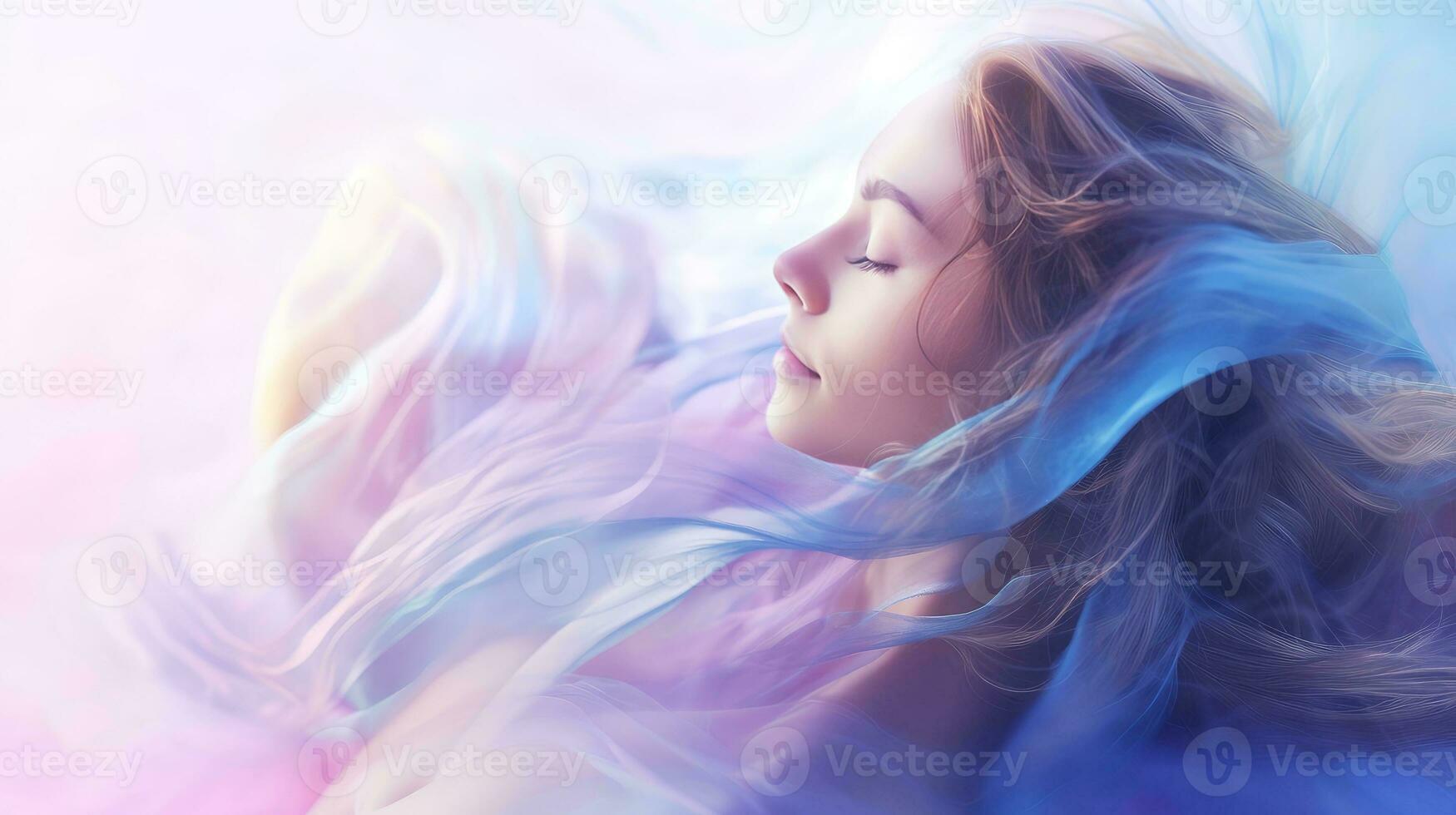 femme en train de dormir et rêver. psychique fille considère esprit et cœur, spiritualité, l'ésotérisme. psychique vagues concept, génératif ai illustration photo