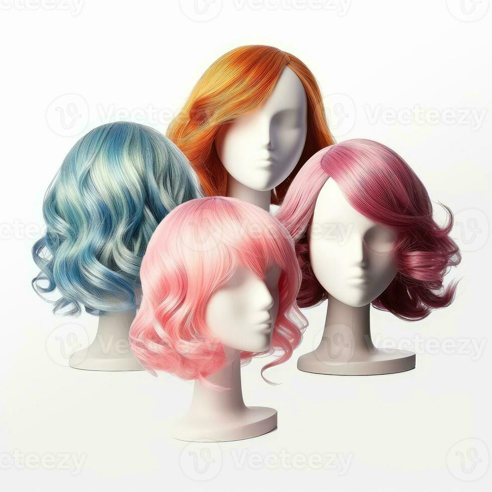 cheveux perruque plus de le Plastique mannequin tête isolé plus de le blanc arrière-plan, maquette avec contemporain aux femmes coiffures, génératif ai illustration photo