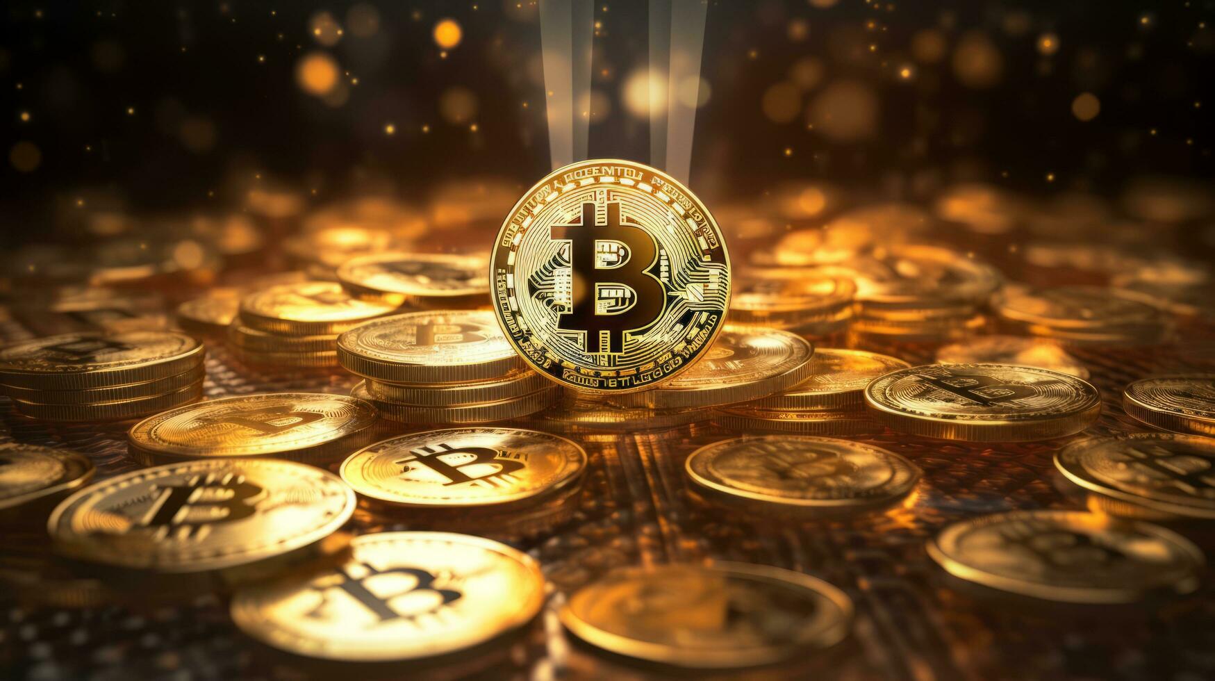 bitcoin pièces de monnaie sur une Contexte de embrasé brillant objets photo