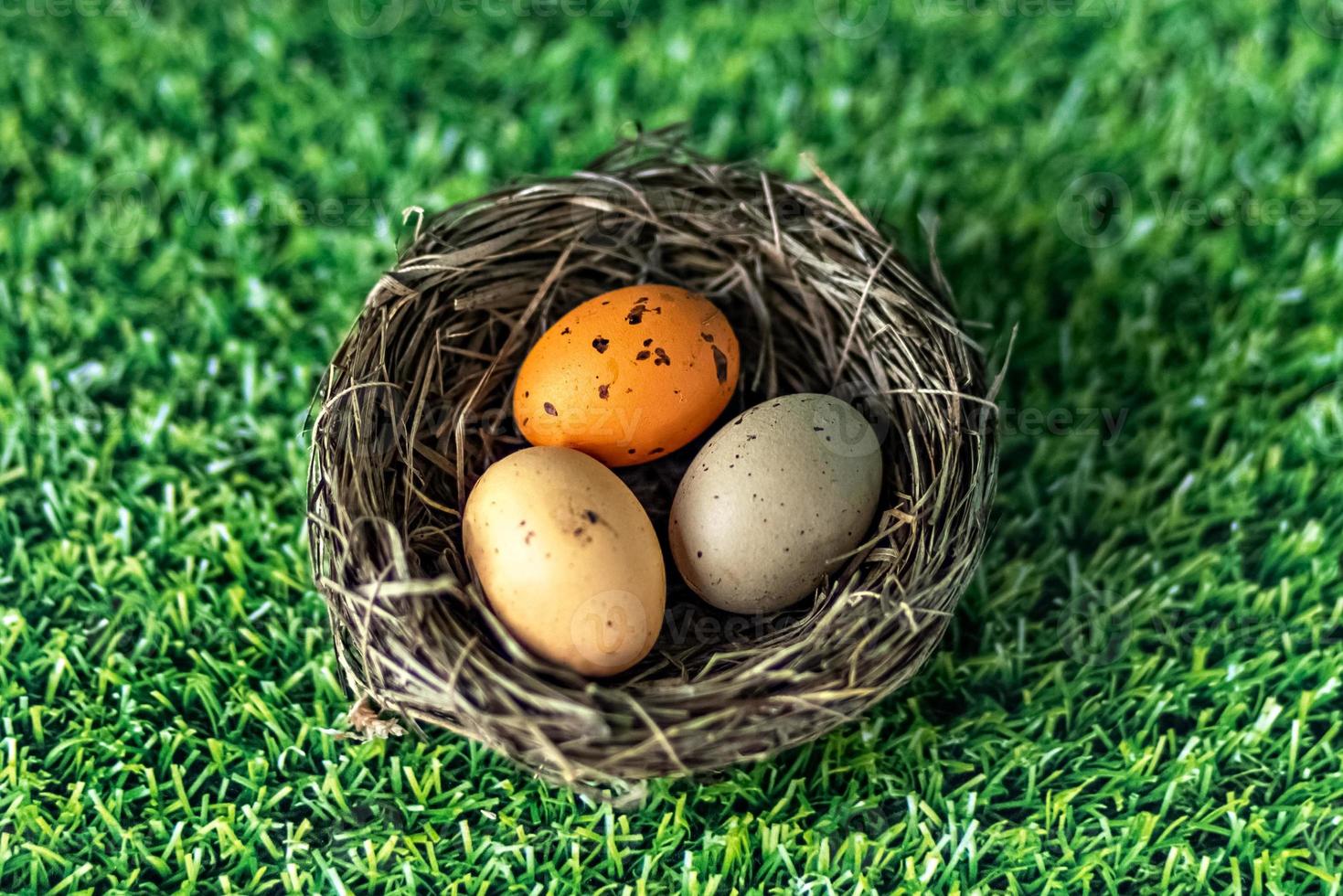 oeufs de pâques dans un nid naturel sur fond vert avec texture d'herbe. vue d'en-haut photo