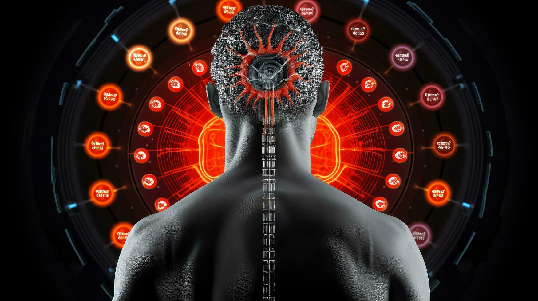 tête de la personne et neural réseau de cerveau avec une problématique domaines, psychique vagues concept, génératif ai illustration photo
