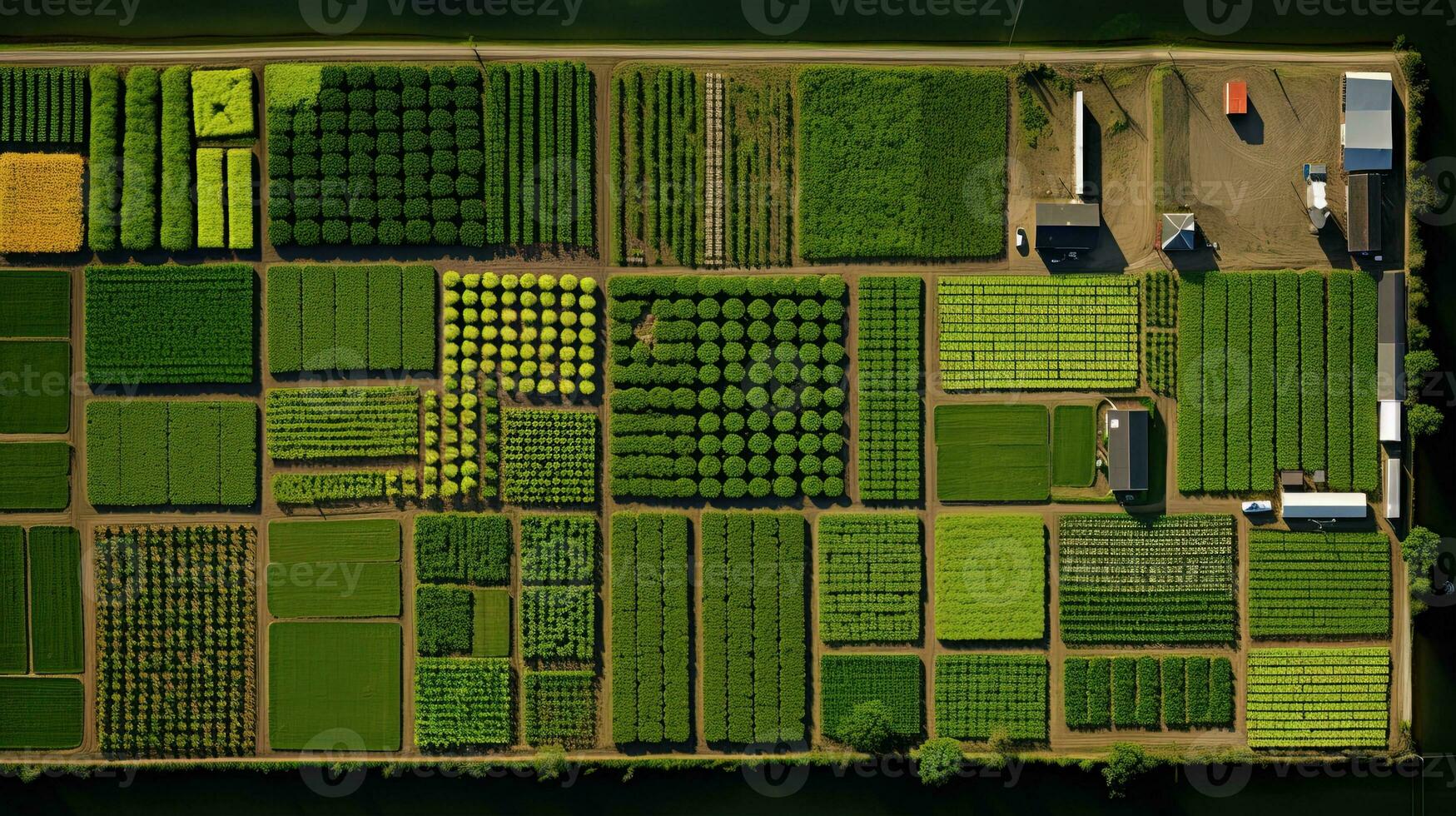 génératif ai, ferme paysage, agricole des champs, magnifique campagne, pays route. la nature illustration, photoréaliste Haut vue drone, horizontal bannière. photo