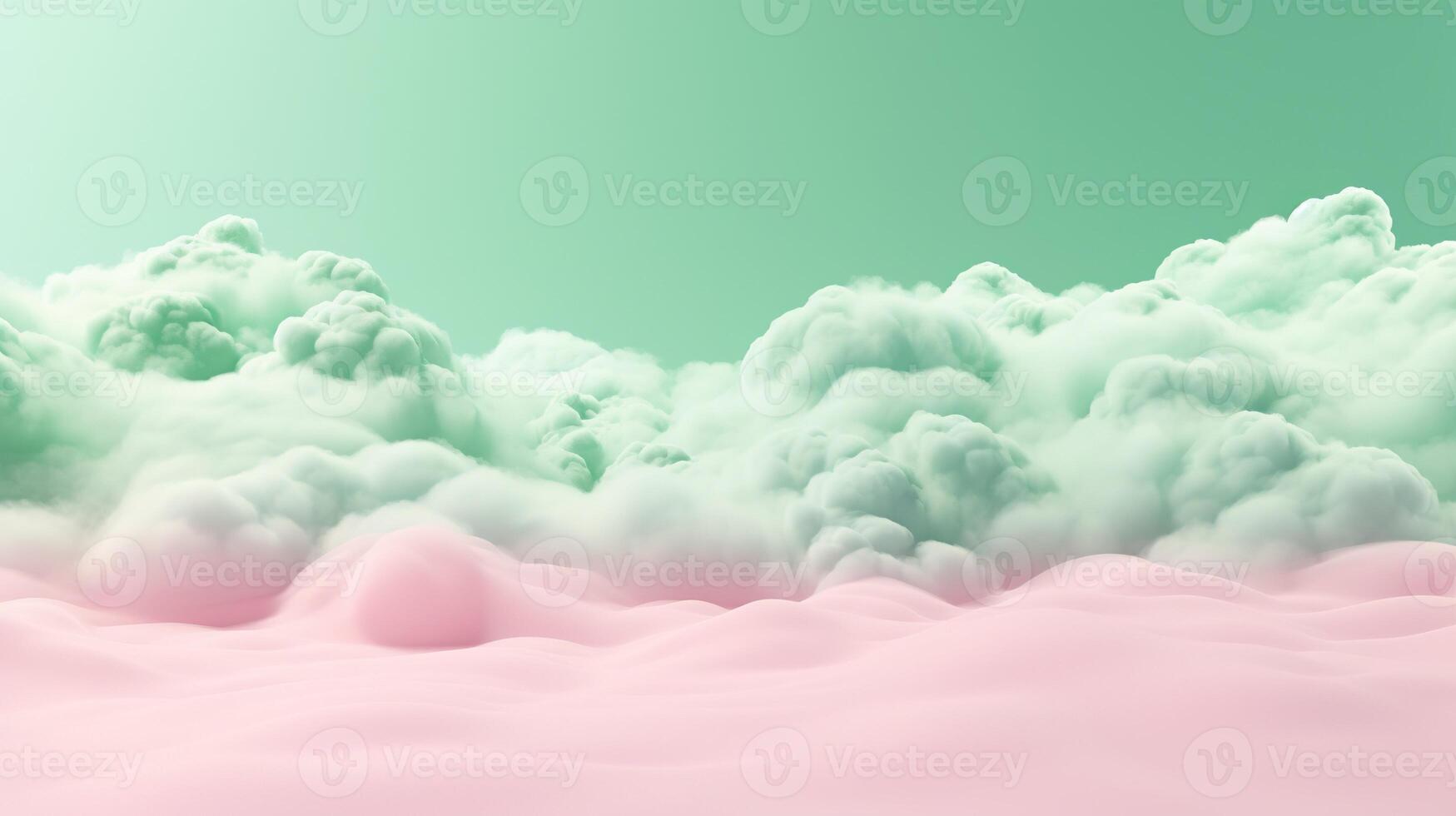 génératif ai, rose et vert fantastique 3d des nuages sur le sol, ciel et paysage. doux couleurs et avec brillant lumières. photo