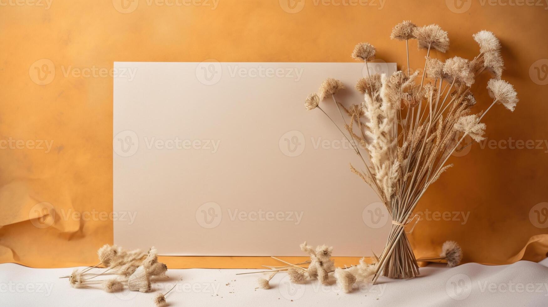 génératif ai, bohémien blanc Vide feuille papier entouré par Naturel séché feuilles et végétaux, affiche moquer en haut photo