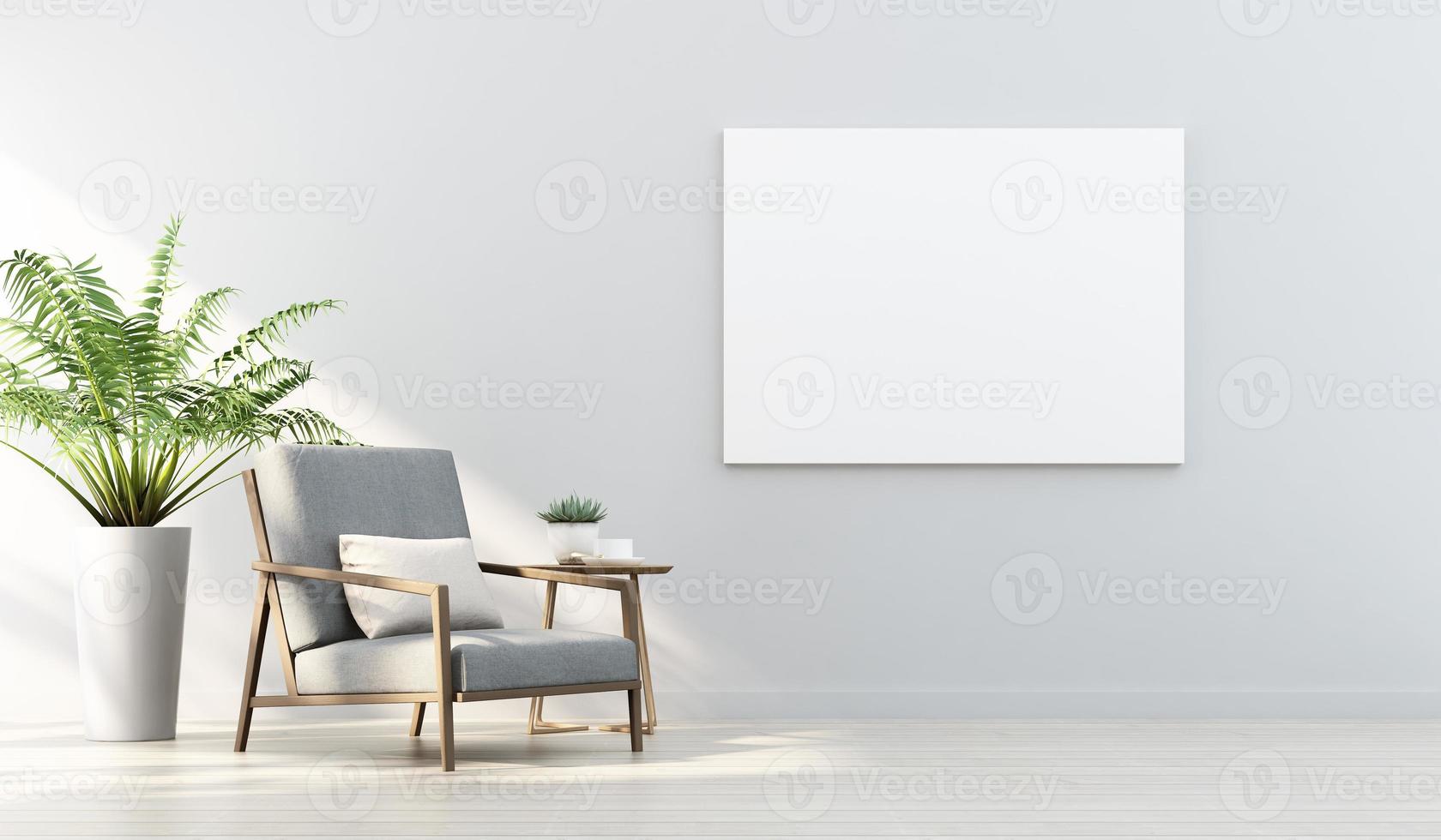Rendu 3D d'une maquette de design d'intérieur pour salon avec cadre photo sur mur blanc