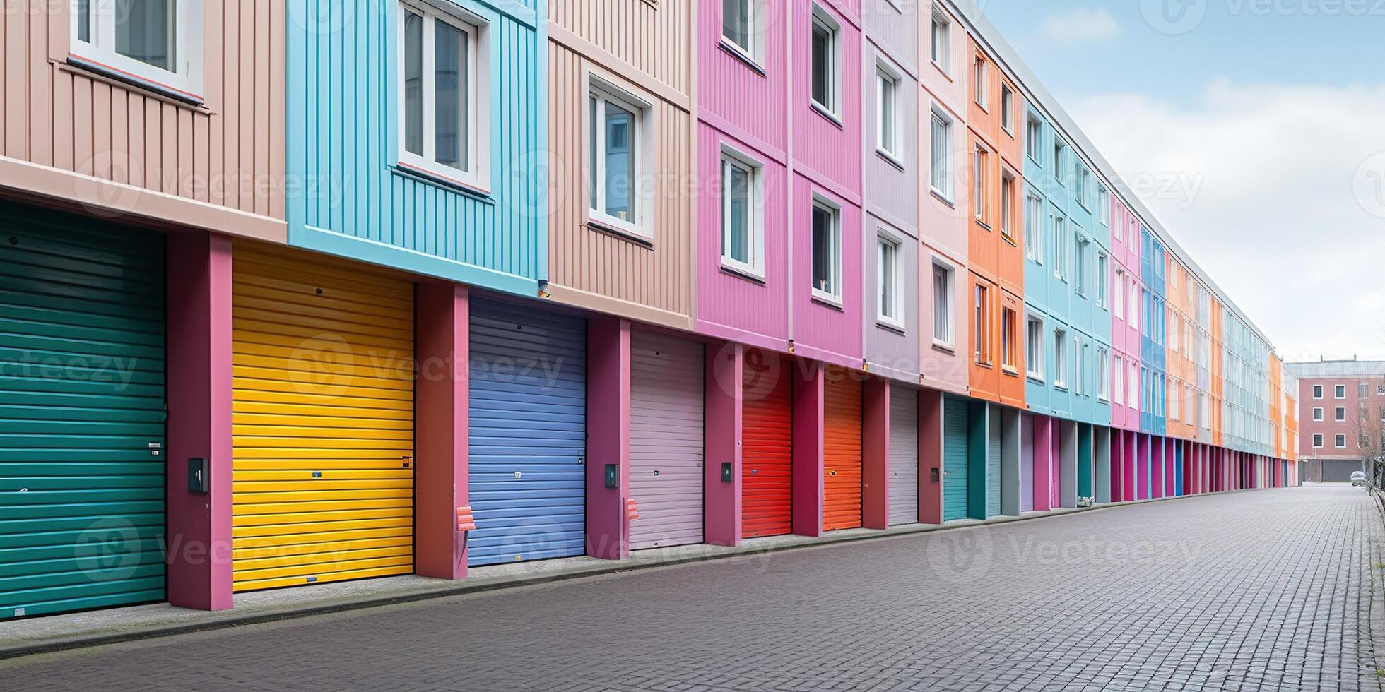 génératif ai, mini coloré métal soi espace de rangement installations de location unités, entrepôt extérieur, industrie garage bâtiment. photo