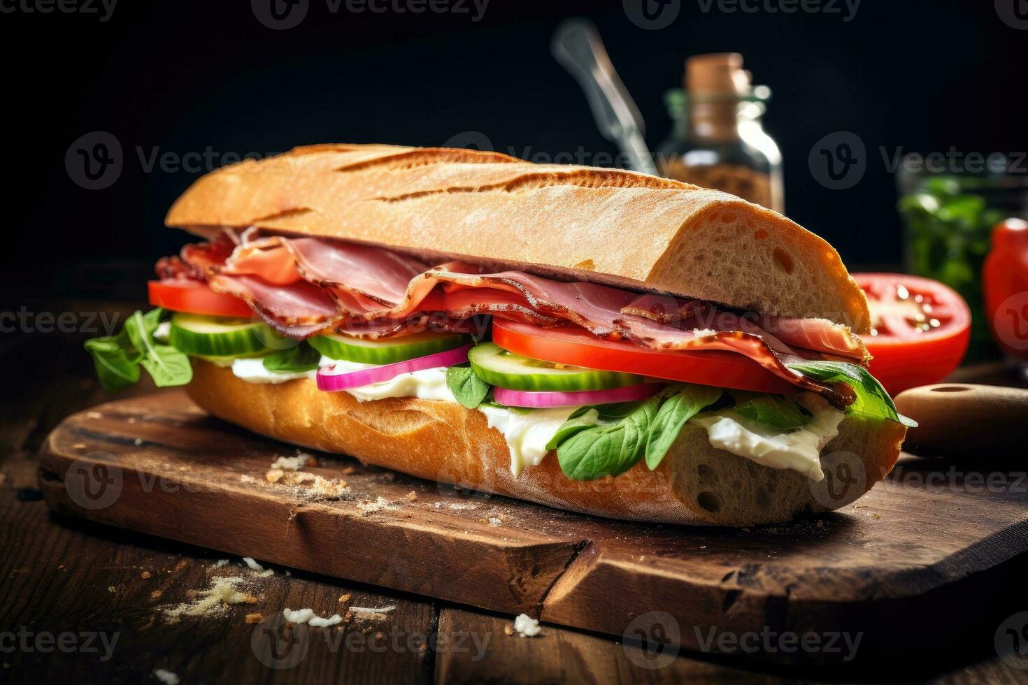 sandwich avec prosciutto, tomate et fromage sur une en bois rustique Contexte. photo