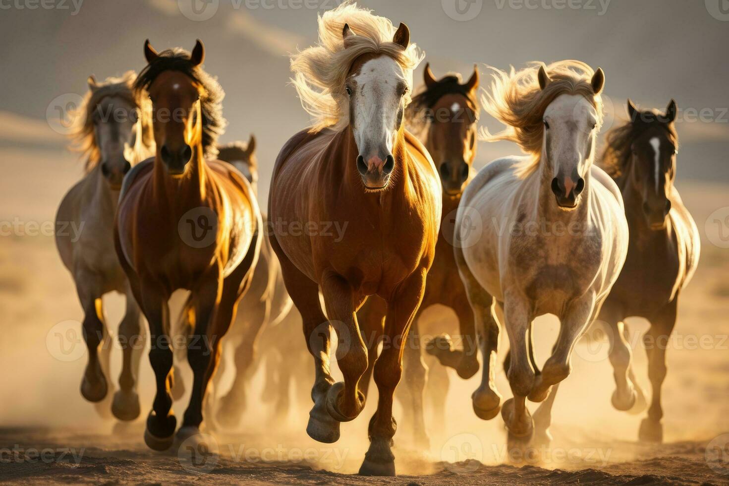 groupe de les chevaux fonctionnement galop dans le désert. génératif ai photo