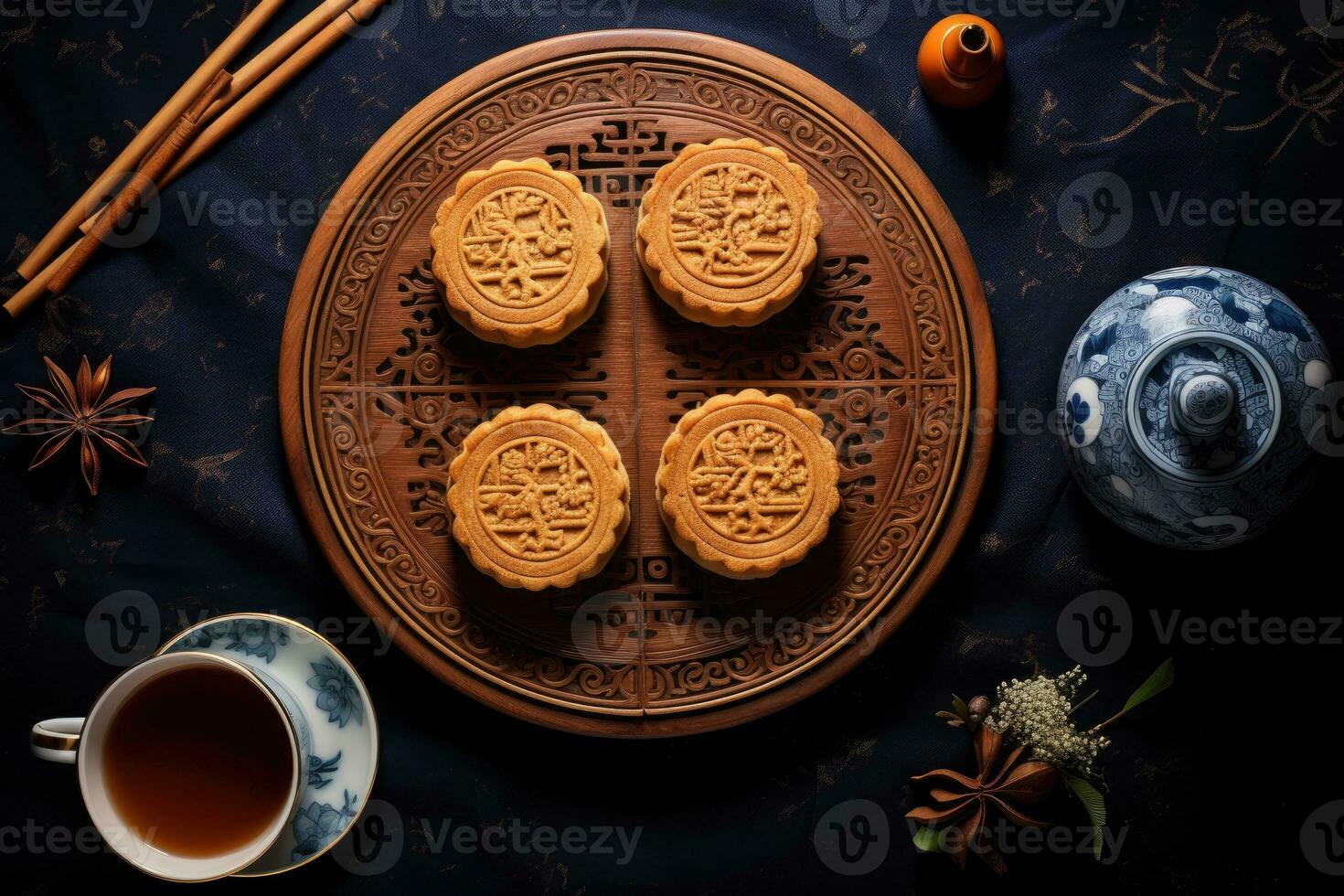 Haut vue de traditionnel lune Gâteaux, thé pot et tasses sur table photo