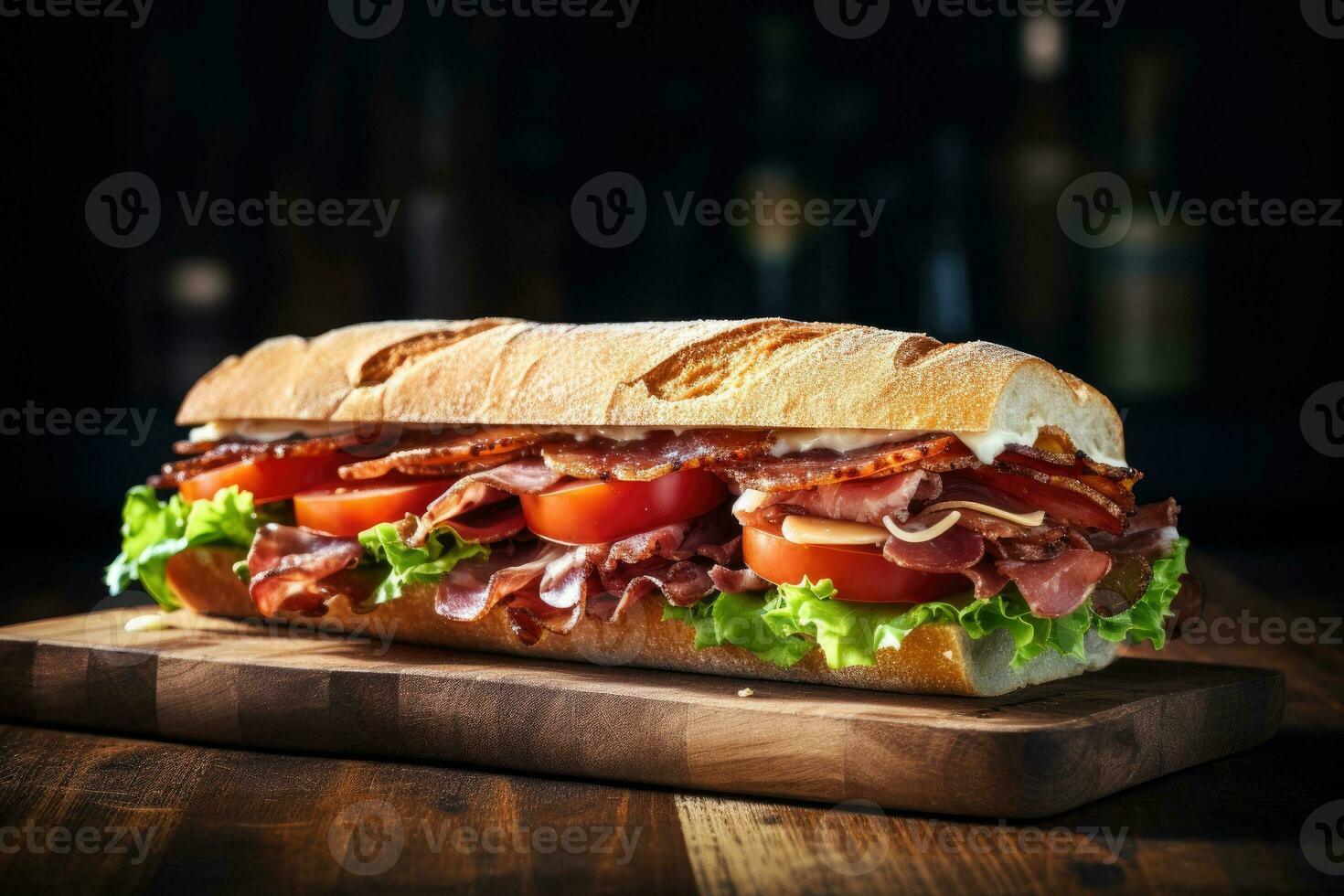 sandwich avec prosciutto, tomate et fromage sur une en bois rustique Contexte. photo