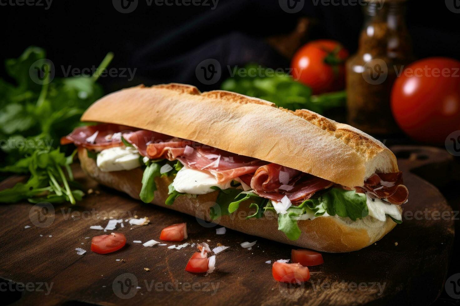 sandwich avec prosciutto, tomate et fromage sur une en bois rustique Contexte. photo