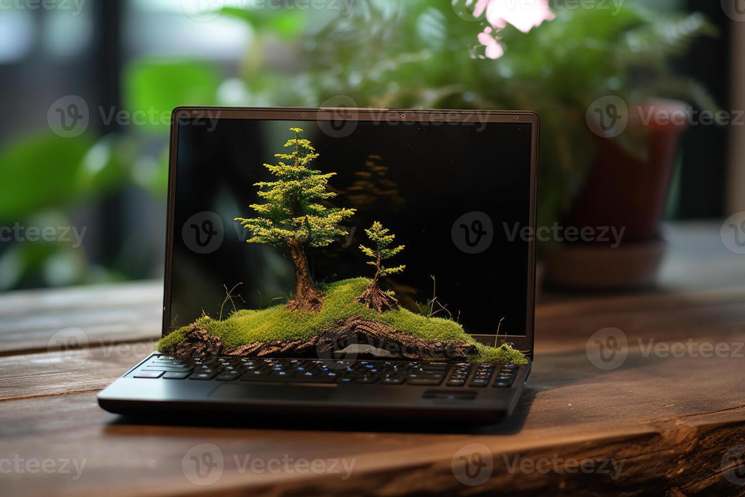 génératif ai, portable couvert dans mousse et les plantes. la nature et La technologie concept photo