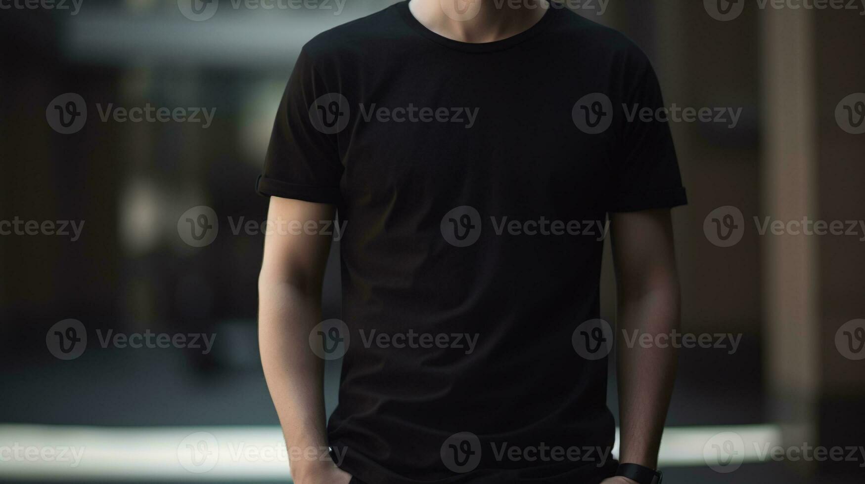 génératif ai, réaliste noir T-shirt moquer en haut Vide mettre sur Jeune homme, fond pour présentation publicité. Vide affaires concept photo