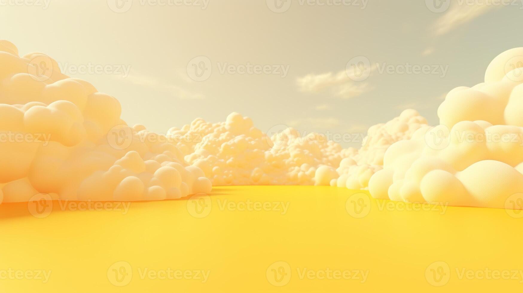 génératif ai, lumière Jaune fantastique 3d des nuages sur le sol, ciel et paysage. doux couleurs et avec brillant lumières. photo