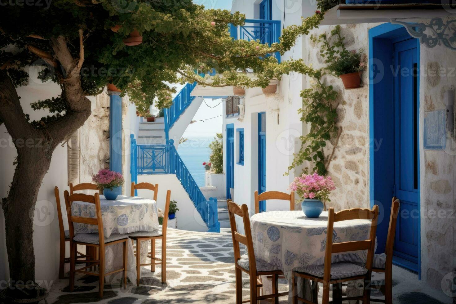 grec culture avec traditionnel blanc et bleu grec architecture, taverne photo